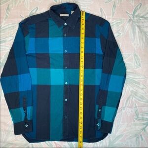 Burberry Brit Plaid Checkered Pattern Button Up Down Dress Shirt Small Blue Gree